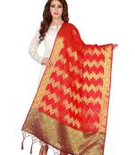 Red Art Silk Woven Stole And Dupatta