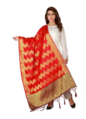 Red Art Silk Woven Stole And Dupatta 2
