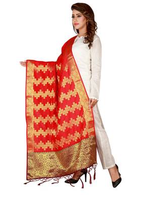 Red Art Silk Woven Stole And Dupatta 3
