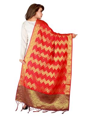 Red Art Silk Woven Stole And Dupatta 4
