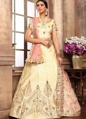 Cream Thread Embroidery Satin Semi Stitched Lehenga With Dupatta 1