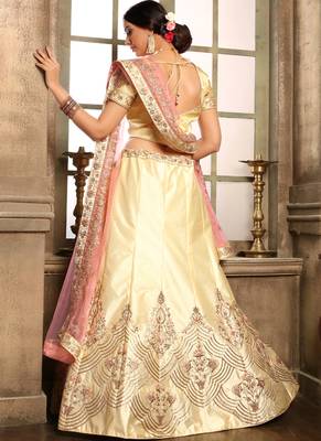 Cream Thread Embroidery Satin Semi Stitched Lehenga With Dupatta 2