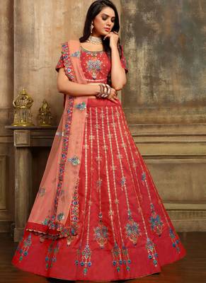 Red Thread Embroidery Satin Semi Stitched Lehenga With Dupatta 1