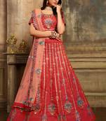 Red Thread Embroidery Satin Semi Stitched Lehenga With Dupatta