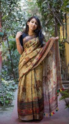 Multicolor Linen Digital Print Saree With Blouse 5