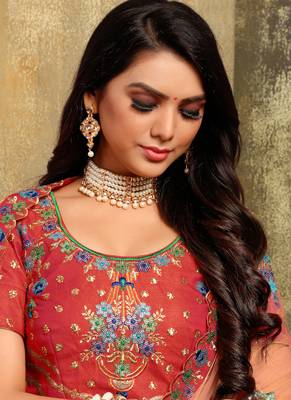 Red Thread Embroidery Satin Semi Stitched Lehenga With Dupatta 2