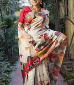 Multicolor Linen Digital Print Saree With Blouse