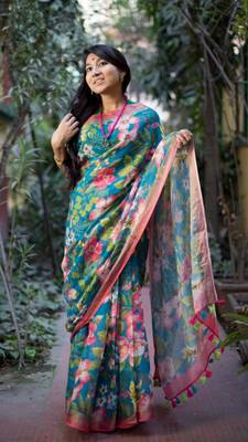 Multicolor Linen Digital Print Saree With Blouse 1