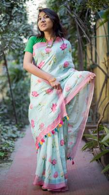 Multicolor Linen Digital Print Saree With Blouse 1