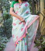 Multicolor Linen Digital Print Saree With Blouse