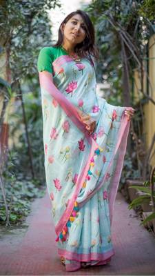 Multicolor Linen Digital Print Saree With Blouse 2