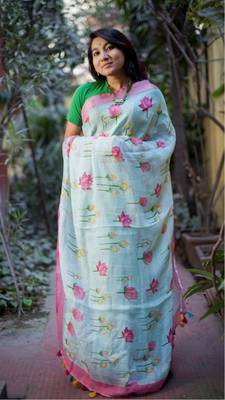 Multicolor Linen Digital Print Saree With Blouse 5