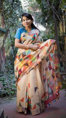 Multicolor Linen Digital Print Saree With Blouse 1