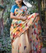 Multicolor Linen Digital Print Saree With Blouse
