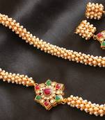 Stunning Pearl Chain With Green Pink Muggapu Necklace