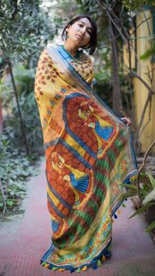 Multicolor Linen Digital Print Saree With Blouse 2