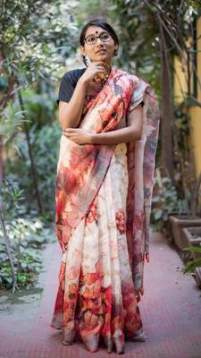 Multicolor Linen Digital Print Saree With Blouse 2
