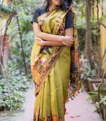 Multicolor Linen Digital Print Saree With Blouse