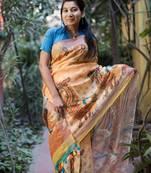 Multicolor Linen Digital Print Saree With Blouse