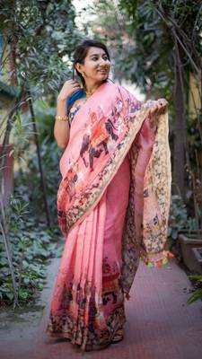 Multicolor Linen Digital Print Saree With Blouse 1