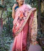 Multicolor Linen Digital Print Saree With Blouse