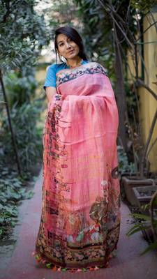 Multicolor Linen Digital Print Saree With Blouse 2