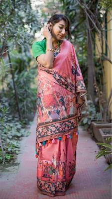 Multicolor Linen Digital Print Saree With Blouse 3