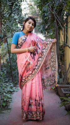 Multicolor Linen Digital Print Saree With Blouse 5