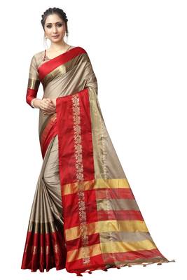 Beige and Red Woven Soft Cotton Banarasi Silk Saree With Blouse 1