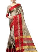 Beige and Red Woven Soft Cotton Banarasi Silk Saree With Blouse