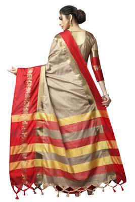 Beige and Red Woven Soft Cotton Banarasi Silk Saree With Blouse 2