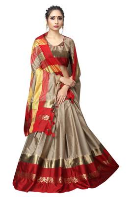 Beige and Red Woven Soft Cotton Banarasi Silk Saree With Blouse 3