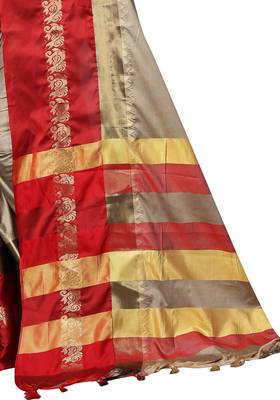 Beige and Red Woven Soft Cotton Banarasi Silk Saree With Blouse 4