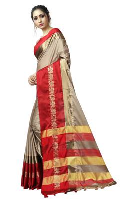 Beige and Red Woven Soft Cotton Banarasi Silk Saree With Blouse 5
