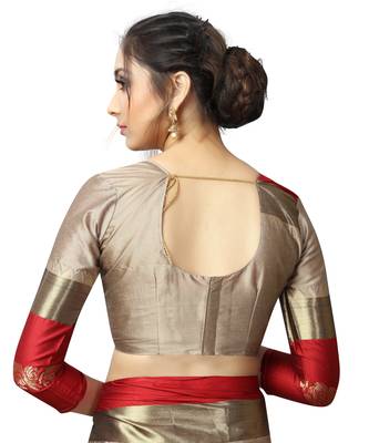 Beige and Red Woven Soft Cotton Banarasi Silk Saree With Blouse 7