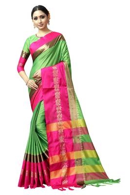Green and Pink Woven Soft Cotton Banarasi Silk Saree With Blouse 1