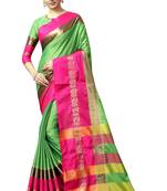 Green and Pink Woven Soft Cotton Banarasi Silk Saree With Blouse
