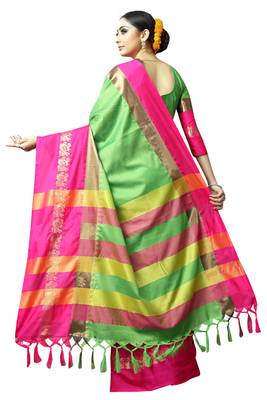 Green and Pink Woven Soft Cotton Banarasi Silk Saree With Blouse 2