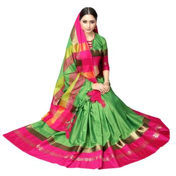 Green and Pink Woven Soft Cotton Banarasi Silk Saree With Blouse 3