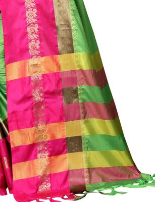 Green and Pink Woven Soft Cotton Banarasi Silk Saree With Blouse 4