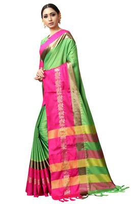 Green and Pink Woven Soft Cotton Banarasi Silk Saree With Blouse 5