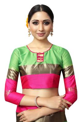 Green and Pink Woven Soft Cotton Banarasi Silk Saree With Blouse 6