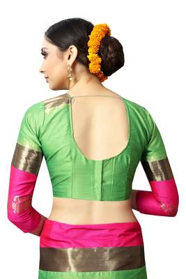 Green and Pink Woven Soft Cotton Banarasi Silk Saree With Blouse 7