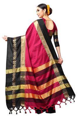 Pink and Black Woven Soft Cotton Banarasi Silk Saree With Blouse 2
