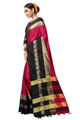 Pink and Black Woven Soft Cotton Banarasi Silk Saree With Blouse 5
