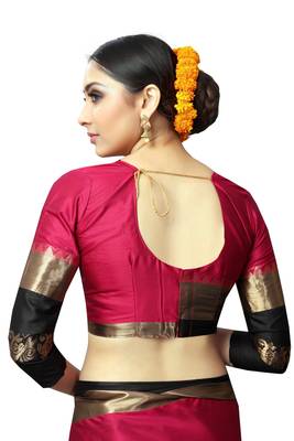 Pink and Black Woven Soft Cotton Banarasi Silk Saree With Blouse 7