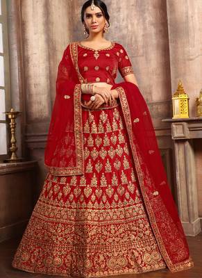 Dark-Red Thread Embroidery Satin Semi Stitched Lehenga With Dupatta 1