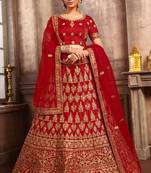 Dark-Red Thread Embroidery Satin Semi Stitched Lehenga With Dupatta