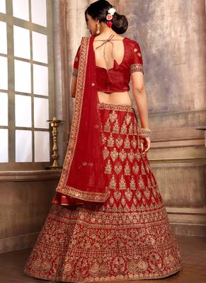 Dark-Red Thread Embroidery Satin Semi Stitched Lehenga With Dupatta 2