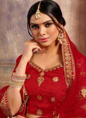 Dark-Red Thread Embroidery Satin Semi Stitched Lehenga With Dupatta 3